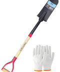 Drain Spade Shovel For Garden And Trenching Work With Wood D Handle And Steel Y Grip, 45 Inch Digging Tool, Red, shown with gloves