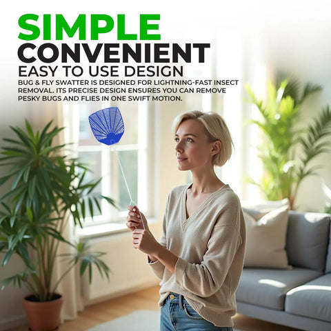 Person holding blue Bug And Fly Swatter 6 Pack With Braided Metal Handles, colorful no fuss fly swatters for indoor outdoor use