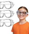 Kids Safety Goggles 3 Pack With Lightweight Polycarbonate Lenses And PVC Frame Unisex Kid Friendly Eye Protection For Playtime Anti Fog Debris Shield Durable And Comfortable Fit displayed with child wearing goggles