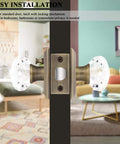 Six Pack Vintage Crystal Door Knobs With Privacy Lock For Interior Doors Round Glass Privacy Door Knob Set With Heavy Duty Square Rosette In Antique Bronze Finish For Bedroom And Bathroom shown installed in two-room view
