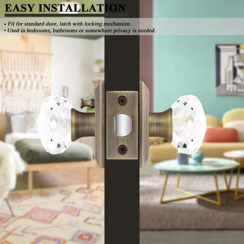 Six Pack Vintage Crystal Door Knobs With Privacy Lock For Interior Doors Round Glass Privacy Door Knob Set With Heavy Duty Square Rosette In Antique Bronze Finish For Bedroom And Bathroom shown installed in two-room view