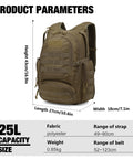 25L Tactical Backpack With MOLLE System Rugged Daypack For Hiking Camping Travel And Motorcycle Adventures Hydration Bladder Compatible 600D Khaki Go-To Utility That Keeps Your Gear Safe On Tough Trails shown with dimensions and features.