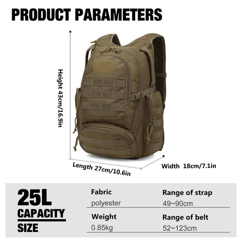 25L Tactical Backpack With MOLLE System Rugged Daypack For Hiking Camping Travel And Motorcycle Adventures Hydration Bladder Compatible 600D Khaki Go-To Utility That Keeps Your Gear Safe On Tough Trails shown with dimensions and features.