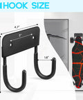 Diagram showing Heavy Duty Skateboard Wall Mount Hook Rack for Easy Vertical Storage, dimensions and use with skateboard.