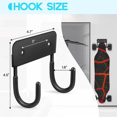 Diagram showing Heavy Duty Skateboard Wall Mount Hook Rack for Easy Vertical Storage, dimensions and use with skateboard.