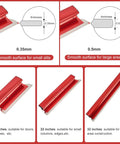 Diagram and examples of Drywall Skimming Blade Set With Extension Handle For 12, 22, And 32 Inch Blades, thickened edges shown.