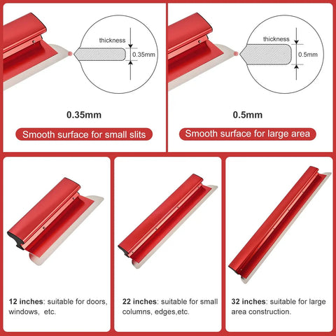 Diagram and examples of Drywall Skimming Blade Set With Extension Handle For 12, 22, And 32 Inch Blades, thickened edges shown.