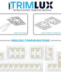 Slick 3 Inch Trimless LED Recessed Dimmable Spotlight With Black Interlocking Trim And Adjustable 2700K To 5000K Flush Mount Ceiling Light 6 Pack installation guide with interlocking module diagram.