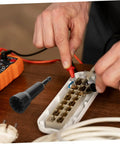 Beast Mode Automatic Wire Stripper For Electric Cable Gauge Quick Connector Socket Rotator Drill Attachment Tool Rapid Crimping Hassle Free Wiring Solution in use with multimeter checking wiring.