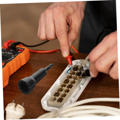 Beast Mode Automatic Wire Stripper For Electric Cable Gauge Quick Connector Socket Rotator Drill Attachment Tool Rapid Crimping Hassle Free Wiring Solution in use with multimeter checking wiring.