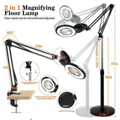 10X Floor Magnifying Glass With Light And Stand, Ultra Bright 2200 Lumens LED Magnifier, swing arm floor lamp diagram