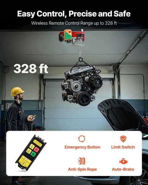 2200lbs Electric Hoist With 328ft Wireless Remote Control 110V lifting engine in garage, safety features inset.