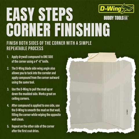 Easy steps for corner finishing using Bi Directional D Wing Drywall Corner Trowel Seven And A Half Inch Stainless Steel Blade.