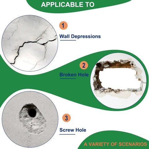Image showing wall issues applicable for repair with All In One Drywall Repair Kit With Putty, Scrapers, Sandpaper, Gloves, Masking Tape And Spackle For Quick Hole Patching And Easy Wall Mending, Perfect DIY Home Fix Kit. Features wall depressions, a large broken hole, and a screw hole.