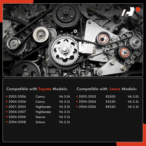 Engine diagram with compatibility list for All In One Timing Belt Kit With Water Pump And Thermostat Tensioner for specific Toyota and Lexus models