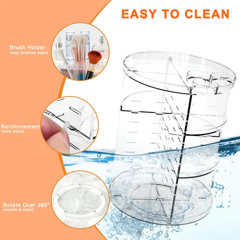 Clear Acrylic Rotating Makeup Organizer With Eight Adjustable Trays And A Smooth 360 Spin Base To Keep Your Daily Skincare Stash Neat As Pin multi-angle view highlighting brush holder and 360 rotation.