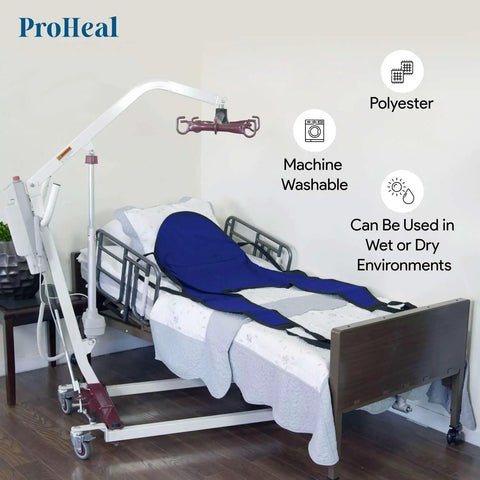 ProHeal Universal Patient Lift Sling Large 62 X 42.5 Inches on a bed with lift, showing polyester material and split leg design.
