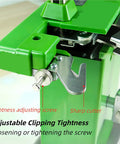 Heavy Duty Desktop Plastic Bag Sealing Machine Ties Bags Fast With Adjustable Pressure And Built-in Cutter Includes 2000 U-Shaped Clips showing adjustable screw and sharp cutter.