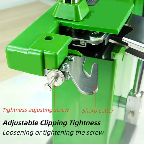 Heavy Duty Desktop Plastic Bag Sealing Machine Ties Bags Fast With Adjustable Pressure And Built-in Cutter Includes 2000 U-Shaped Clips showing adjustable screw and sharp cutter.