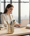 Crystal Pen Holder For Desk With Gold And Silver Metal Base on modern desk with woman working on laptop in bright office