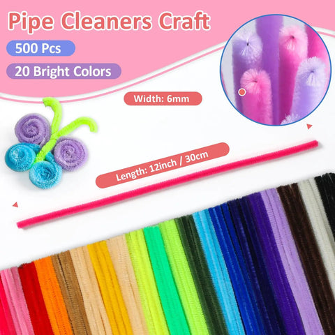 Bulk 500 Piece Rainbow Thick Pipe Cleaners Chenille Stems In 20 Colors, 12 Inch Long 6mm Diameter For Crafts, DIY Projects, Arts And School Activities, Soft Fuzzy Bendable Craft Supplies For Makers And Crafters, 20-color set