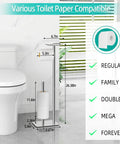 Floor Standing Toilet Paper Holder Dispenser With 4 Roll Capacity And Top Storage Shelf For Phone Wipes Wallet And More In Stainless Steel Chrome Finish Rustproof And Stable Easy Access No Fuss, shown next to toilet.
