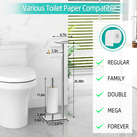 Floor Standing Toilet Paper Holder Dispenser With 4 Roll Capacity And Top Storage Shelf For Phone Wipes Wallet And More In Stainless Steel Chrome Finish Rustproof And Stable Easy Access No Fuss, shown next to toilet.