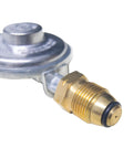 Close-up of Propane Low Pressure Regulator With Three Eighths Inch Female Pipe Thread And POL Fitting, brass and multicolored finish