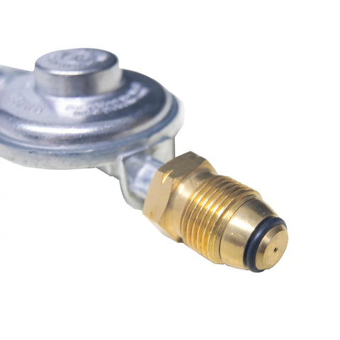 Close-up of Propane Low Pressure Regulator With Three Eighths Inch Female Pipe Thread And POL Fitting, brass and multicolored finish