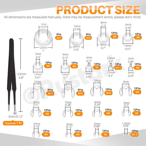 Stainless Steel E Clips and Internal Tooth Star Lock Washers Kit, 304 Grade, size chart with 12 clip sizes and 9 washer sizes.
