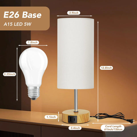 Set Of 2 Touch Control Table Lamps With 3 Way Dimming, USB Ports And AC Outlets, showing one lamp with dimensions and bulb.