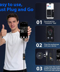 Dual Lens 1920P HD Endoscope Camera With 8 Plus 1 Adjustable LEDs 16.4 Feet SemiRigid Snake Cord IP67 Waterproof Borescope For iPhone Android And More Inspection Tool showing phone setup and probe controls