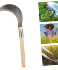 Multipurpose Long Handled Sickle For Gardening With Manganese Steel Blade And Wooden Grip shown with users in garden and farm settings