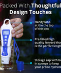 PH Meter Pen With Float For Hydroponics And Water Testing, 0.1 pH Accuracy, showing features and design details with lanyard and cap.