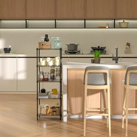 5 Tier Heavy Duty Wire Shelving Rack With Raised Edges And Oil Resistant Baked Finish Fully Adjustable Pantry Storage Organizer in a modern kitchen.