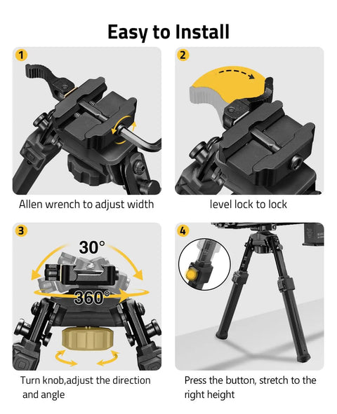 Quick Release Rifle Bipod With 360 Degree Swivel And Tilt Head, Adjustable 7.5 To 10.6 Inch Height installation steps