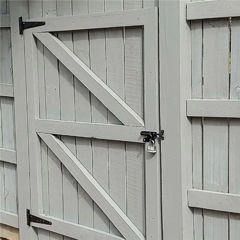 Badass Heavy Duty Iron Barn Door Hinges With Screws, 2 To 8 In Steel Pivot Plates For Wooden Gates And Sheds, smooth swing on gray wooden gate.
