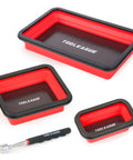 TOOLEAGUE 3-piece collapsible magnetic parts tray set with red silicone trays and 15 lb pickup pen, front view.