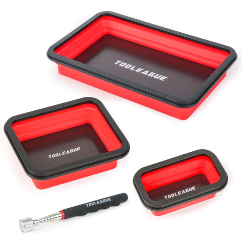 TOOLEAGUE 3-piece collapsible magnetic parts tray set with red silicone trays and 15 lb pickup pen, front view.