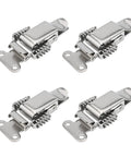 Four Pack Stainless Steel Spring Loaded Draw Latches With Double Action Clip Hasps For Toolboxes Suitcases Storage Boxes And Wooden Cabinets Rust Resistant Silver S 58x36mm And L 74x47mm displayed in a grid.