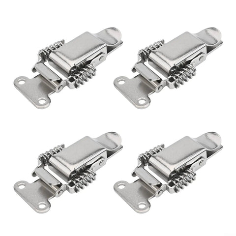 Four Pack Stainless Steel Spring Loaded Draw Latches With Double Action Clip Hasps For Toolboxes Suitcases Storage Boxes And Wooden Cabinets Rust Resistant Silver S 58x36mm And L 74x47mm displayed in a grid.