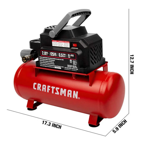 2 Gallon Portable Air Compressor With Knockout Oil Free Motor Delivering A Steady 125 Psi Through A Tough Hot Dog Tank side view.