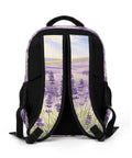 Back of Purple Flower Valley Printed Unisex Backpack With Large Capacity Durable Polyester Daypack showing lavender design.