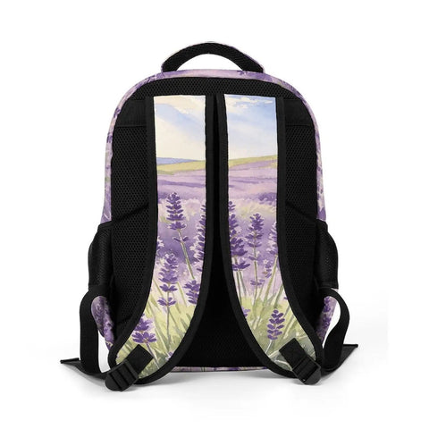 Back of Purple Flower Valley Printed Unisex Backpack With Large Capacity Durable Polyester Daypack showing lavender design.