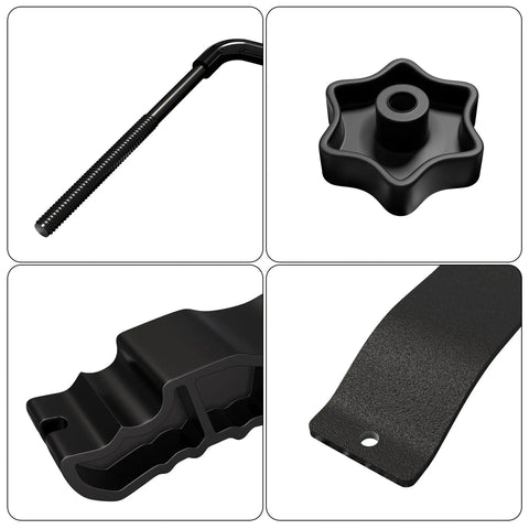 Components of Beefy Heavy Duty Roof Rack U Bolt Set 2 Pack Mounting Hardware, showing iron U bolt, plastic knobs, saddles, and plates