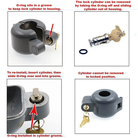 Gray Doorknob Lockout Device for round knobs showing installation and key removal process