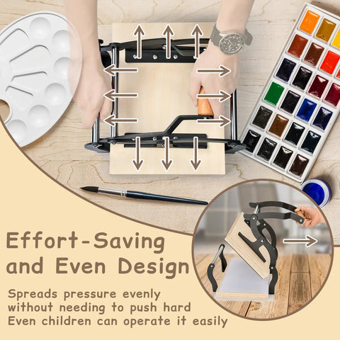 Linocut Printing Hand Lever Press showing even pressure application and paint set, ideal for 25mm blocks A4 size black manual press.