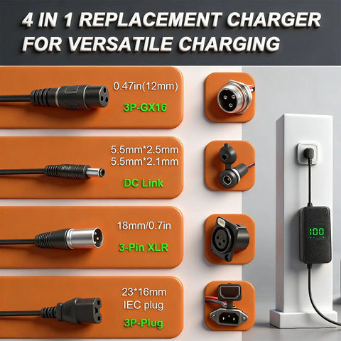 Close-up of 4-in-1 replacement charger with various plug types, featuring LED display. Includes Fast Charge 54.6V 2A Electric Scooter Charger.