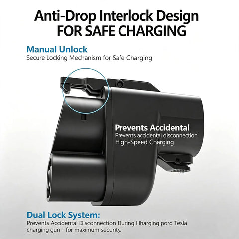 Blazing Fast Nacs To Ccs1 Ev Charging Adapter showing anti-drop interlock design for secure charging and manual unlock features.