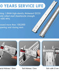 Heavy Duty Drawer Slides With 150 Lb Load Capacity Side Mount Ball Bearing Full Extension Runner For Cabinets And Tool Boxes 12 To 40 Inch Available No Lock, showing dimensions and material thickness with measurement tools